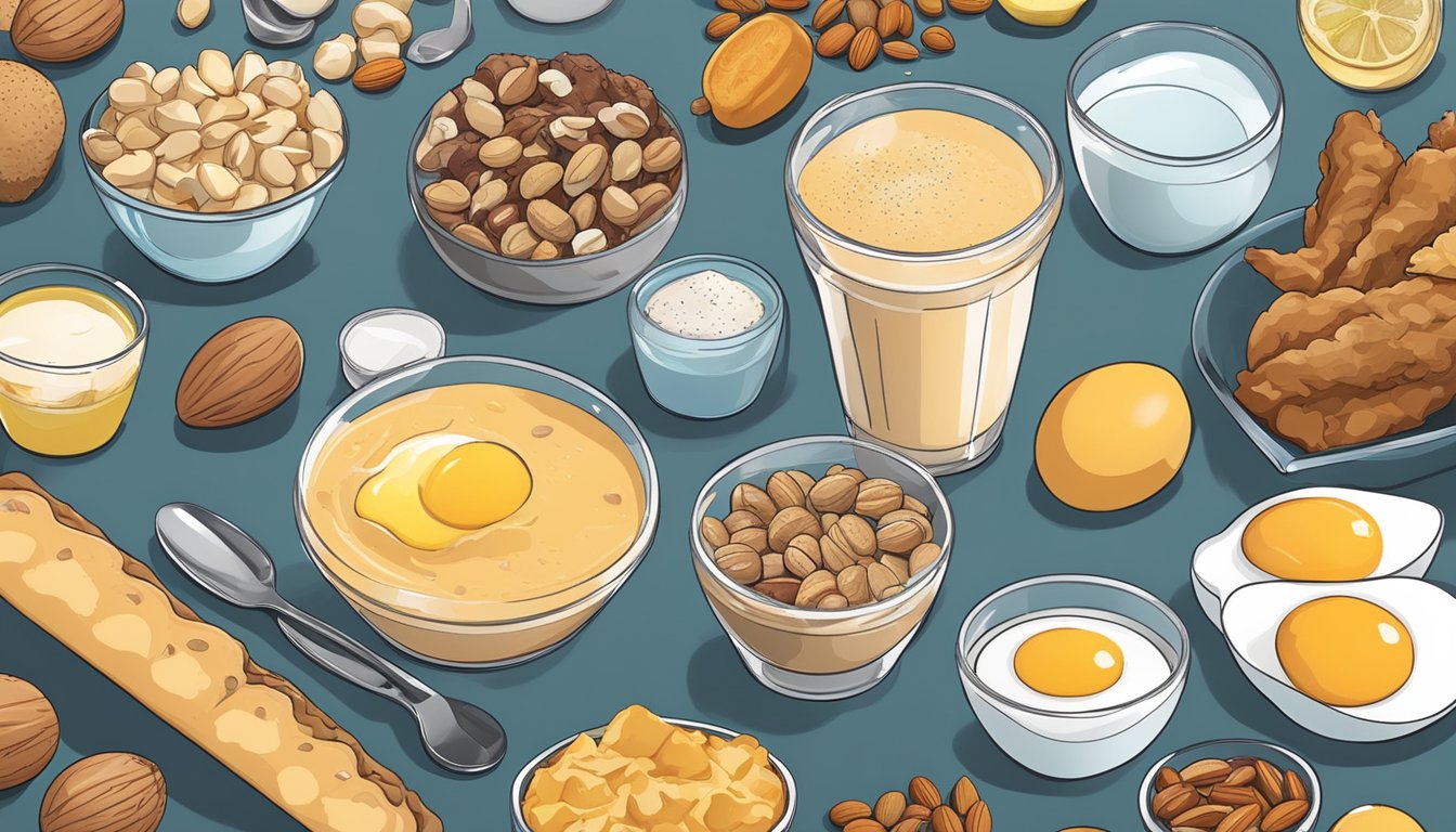 A person drinking a Zepbound shake while surrounded by various high-protein foods like eggs, chicken, and nuts