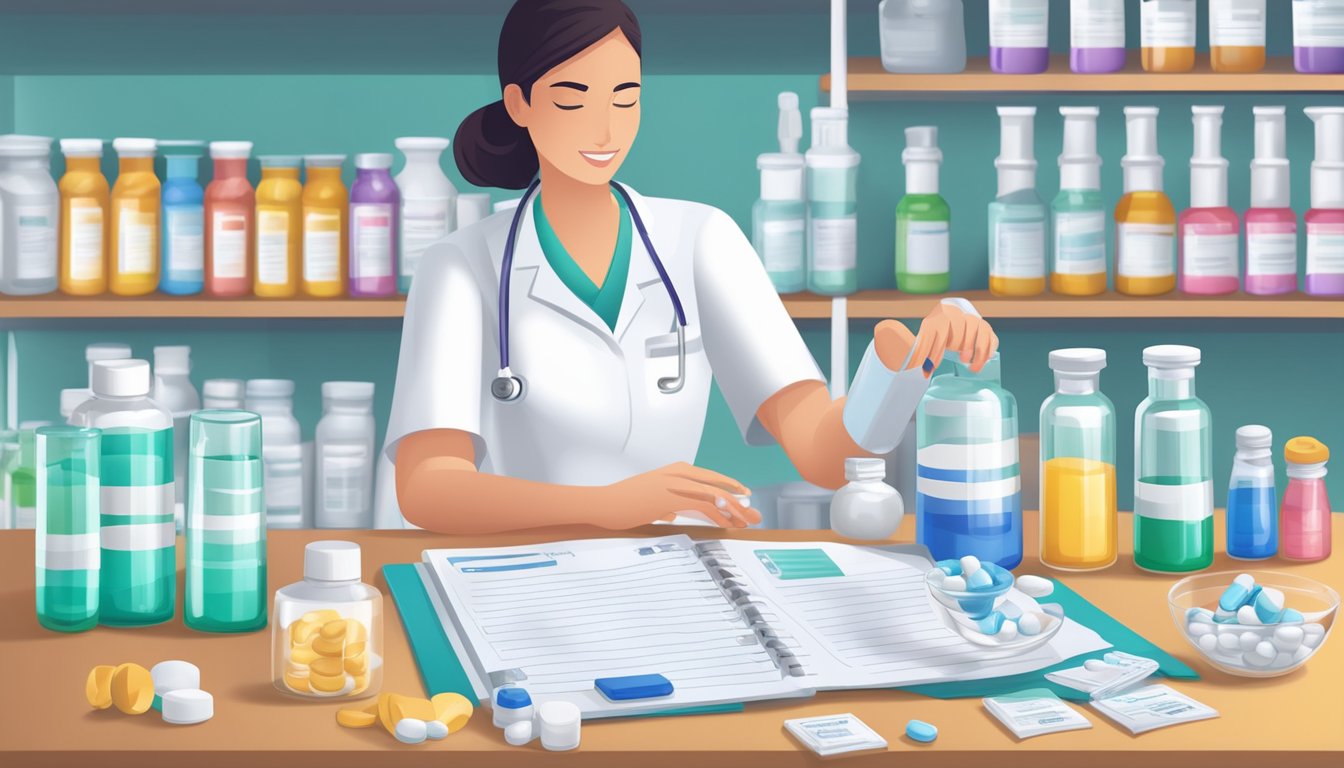 A pharmacist pouring phentermine and topiramate into separate measuring cups, with a prescription pad and pill bottles in the background