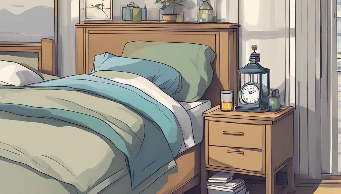 A person sleeping peacefully in bed, with a bottle of Qsymia on the nightstand and a clock showing the time