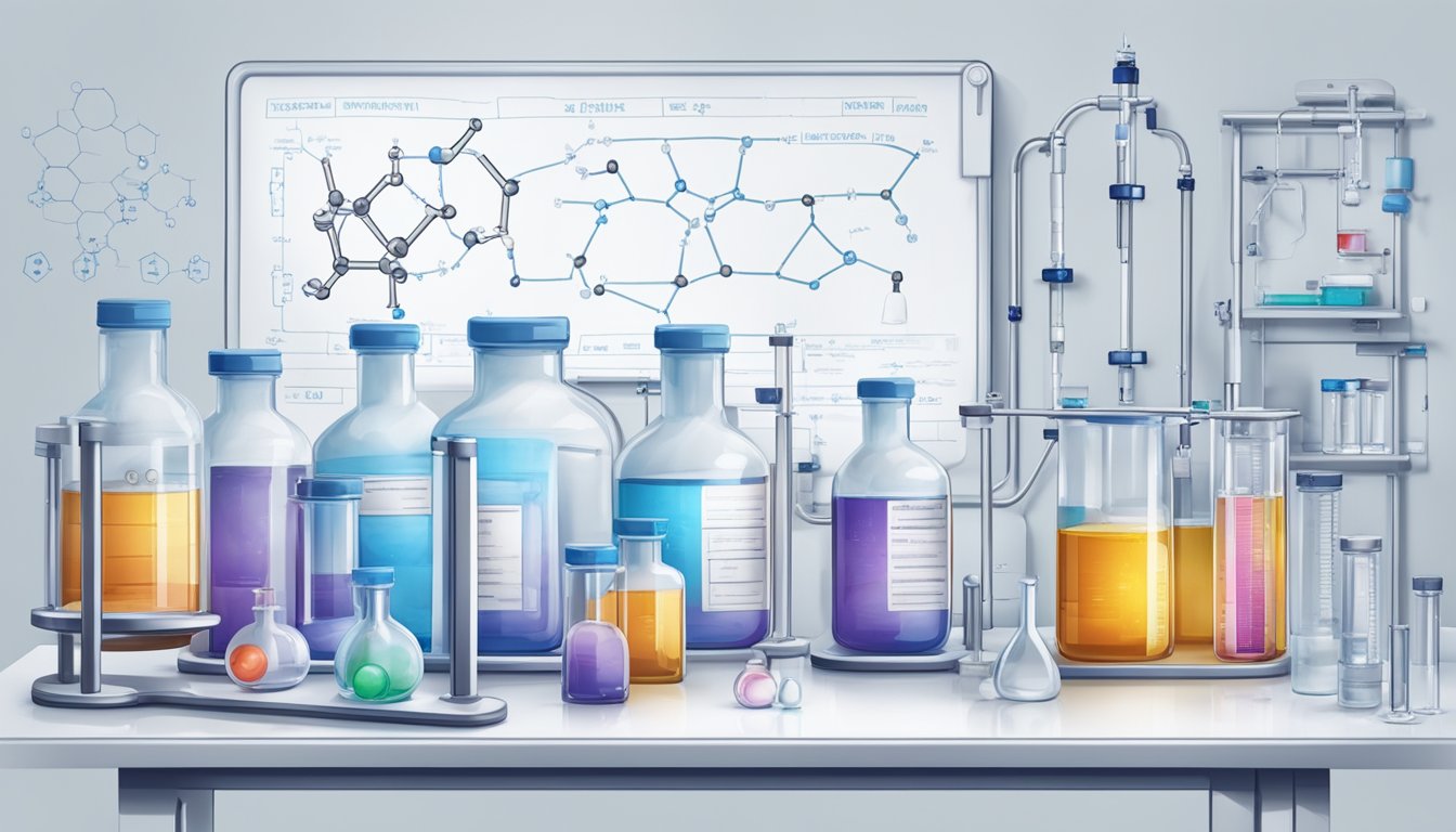 A laboratory setting with vials of Phentermine and Topiramate, scientific equipment, and a detailed diagram of their chemical structures on a whiteboard