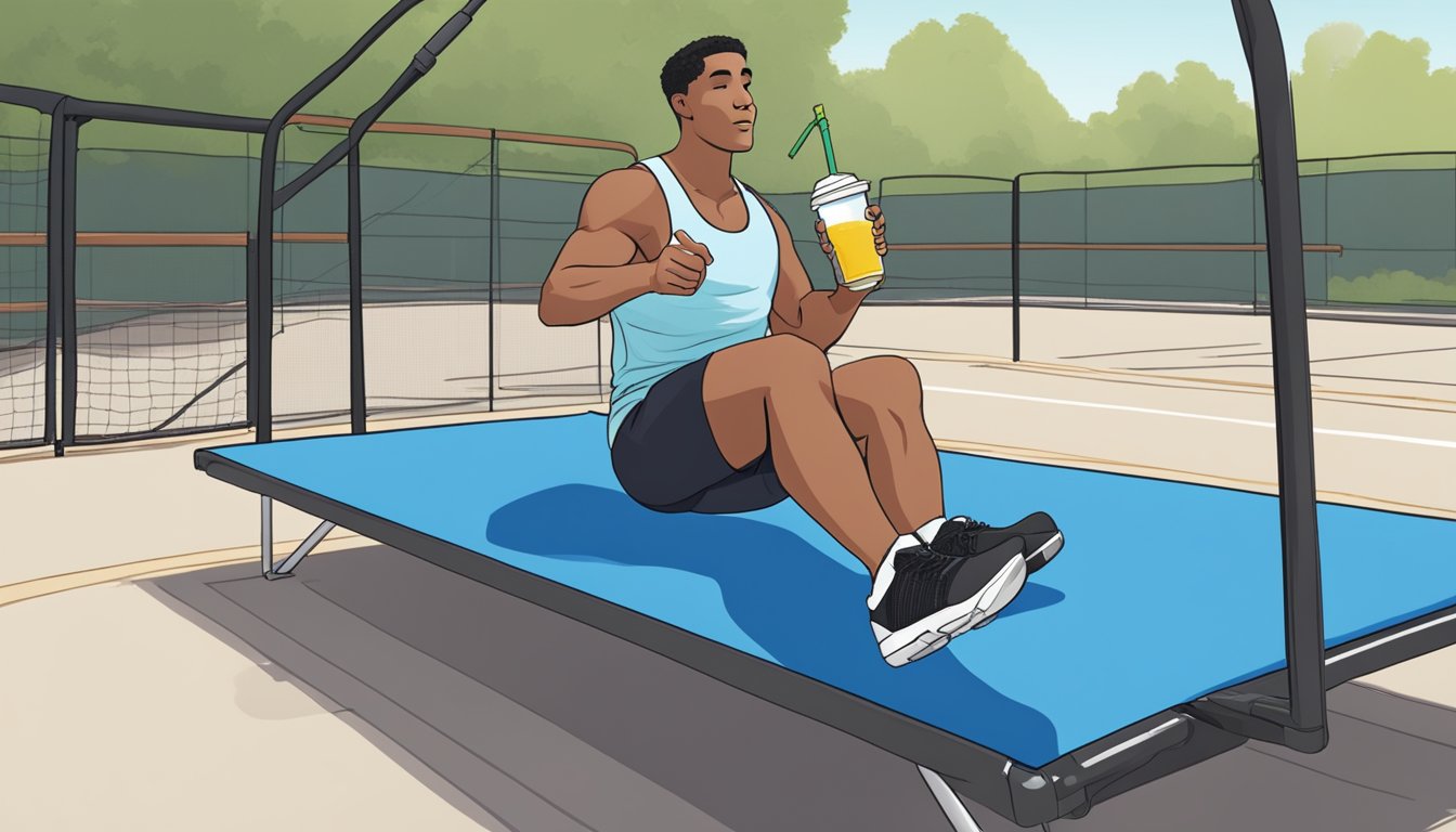 A person drinking a protein shake while exercising on a Zepbound trampoline