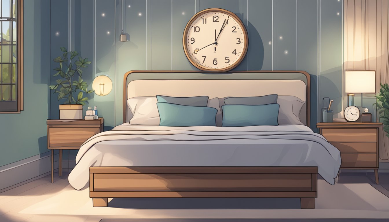 A serene bedroom with a clock showing the time, a pill bottle, and a peaceful sleeper in bed. The room is dimly lit, with a sense of calm and tranquility