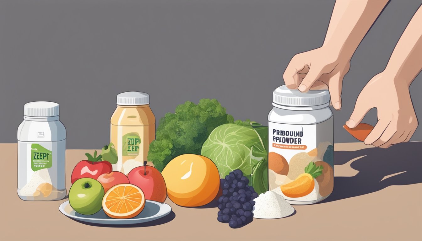 A person reaching for a container of protein powder with a bottle of Zepbound next to it, surrounded by fruits and vegetables