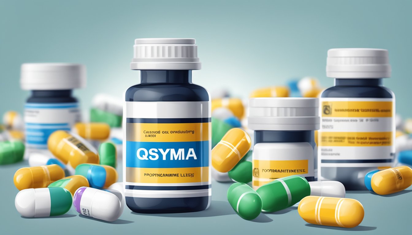 A pill bottle labeled "Qsymia" with phentermine and topiramate capsules beside it, surrounded by caution signs and warning labels