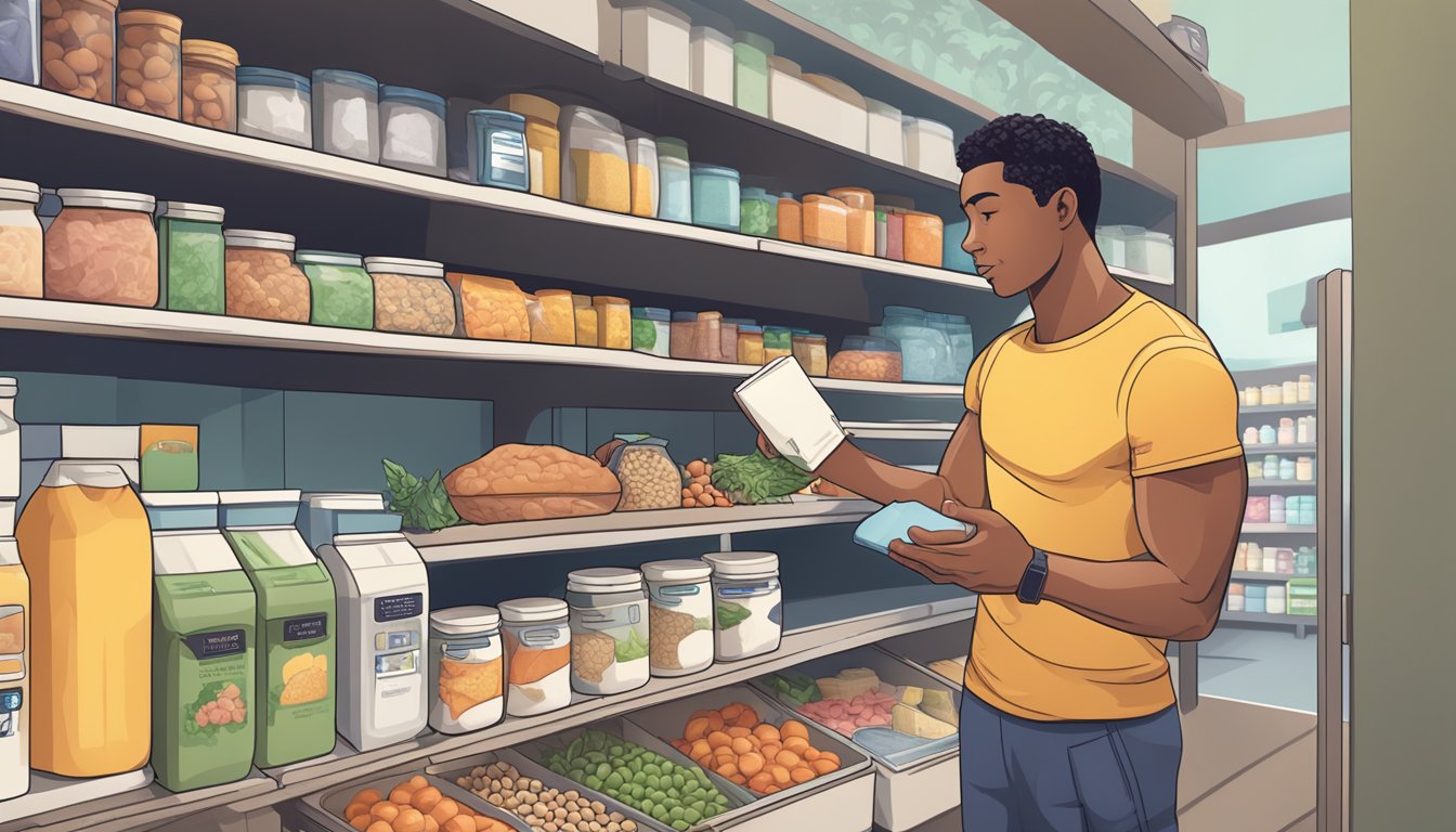 A person choosing protein-rich foods while avoiding certain items, with the Zepbound supplement prominently displayed