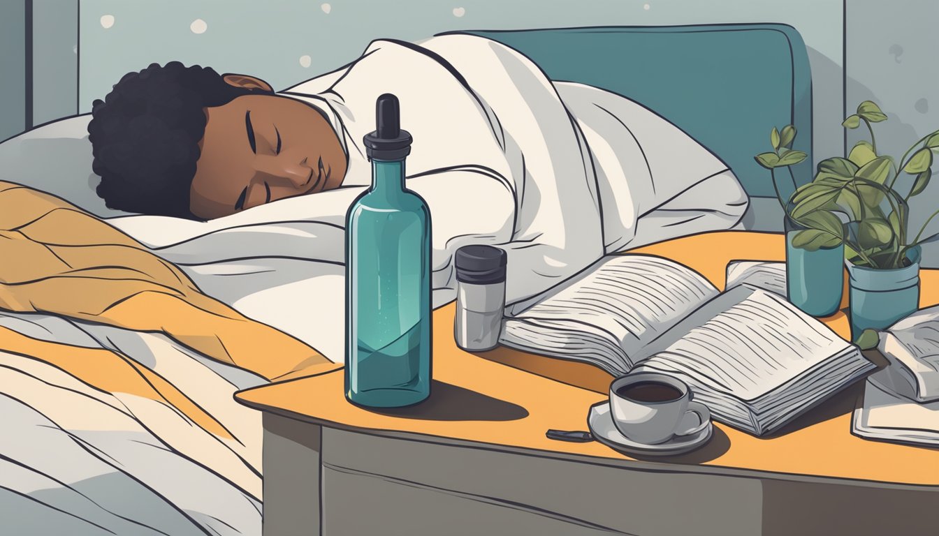 A person sleeping peacefully in bed, with a bottle of Qsymia and a healthy lifestyle book on the nightstand