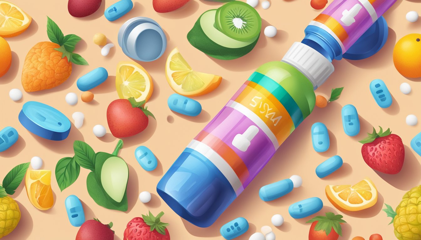 A colorful pill bottle with Qsymia pills spilling out, surrounded by healthy lifestyle symbols like fruits, vegetables, exercise equipment, and a balanced meal