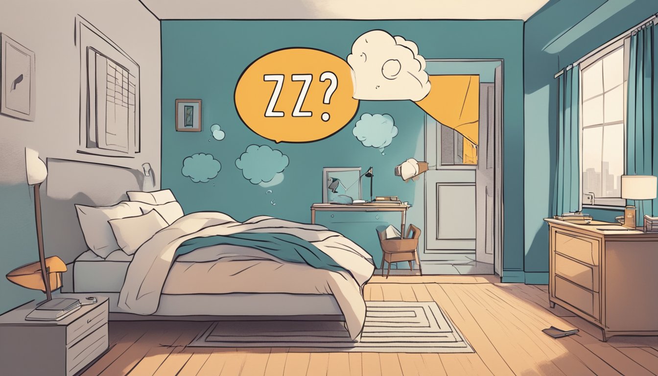 A bedroom with a clock showing different times, a person tossing and turning in bed, and a thought bubble with Zzz's and question marks