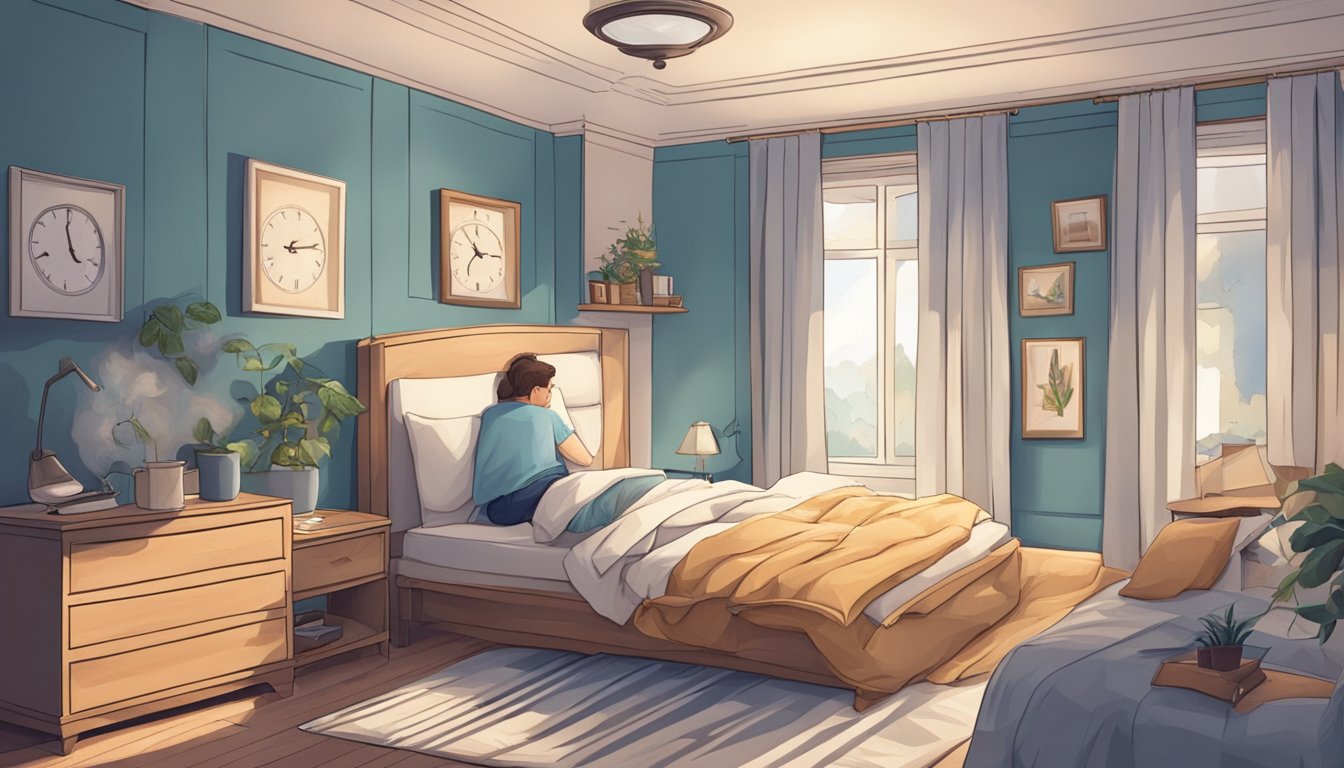 A bedroom with a clock showing different times, a bed with rumpled sheets, and a person tossing and turning in their sleep