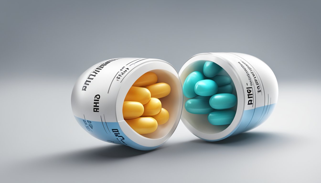 A pill capsule split in half, with one side labeled "Phentermine" and the other side labeled "Topiramate."