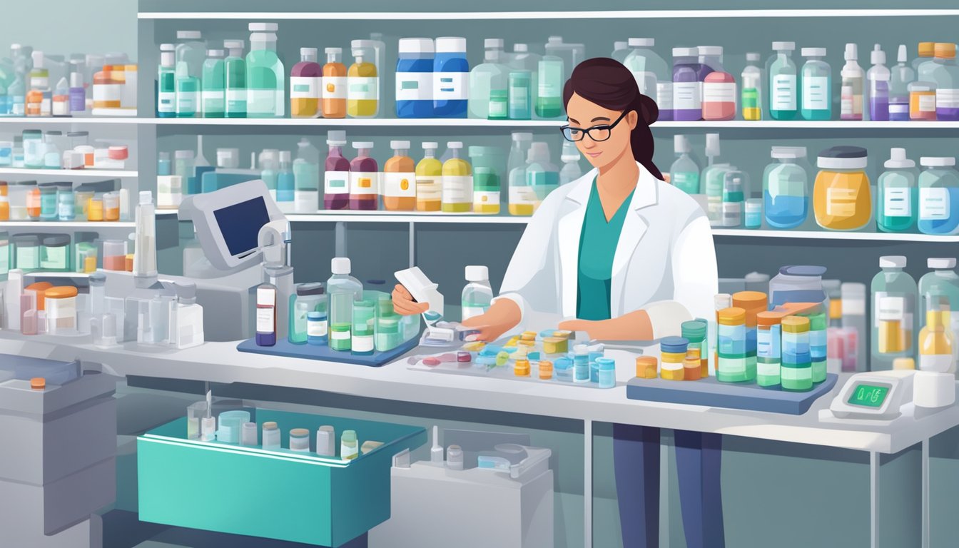 A pharmacist carefully measuring out Qsymia dosages on a digital scale, surrounded by various prescription bottles and medical supplies