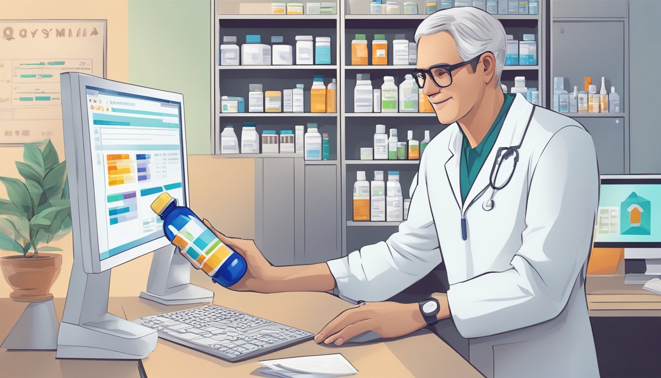 A pharmacist handing a prescription bottle to a patient, with a diagram of Qsymia dosages displayed on a computer screen in the background