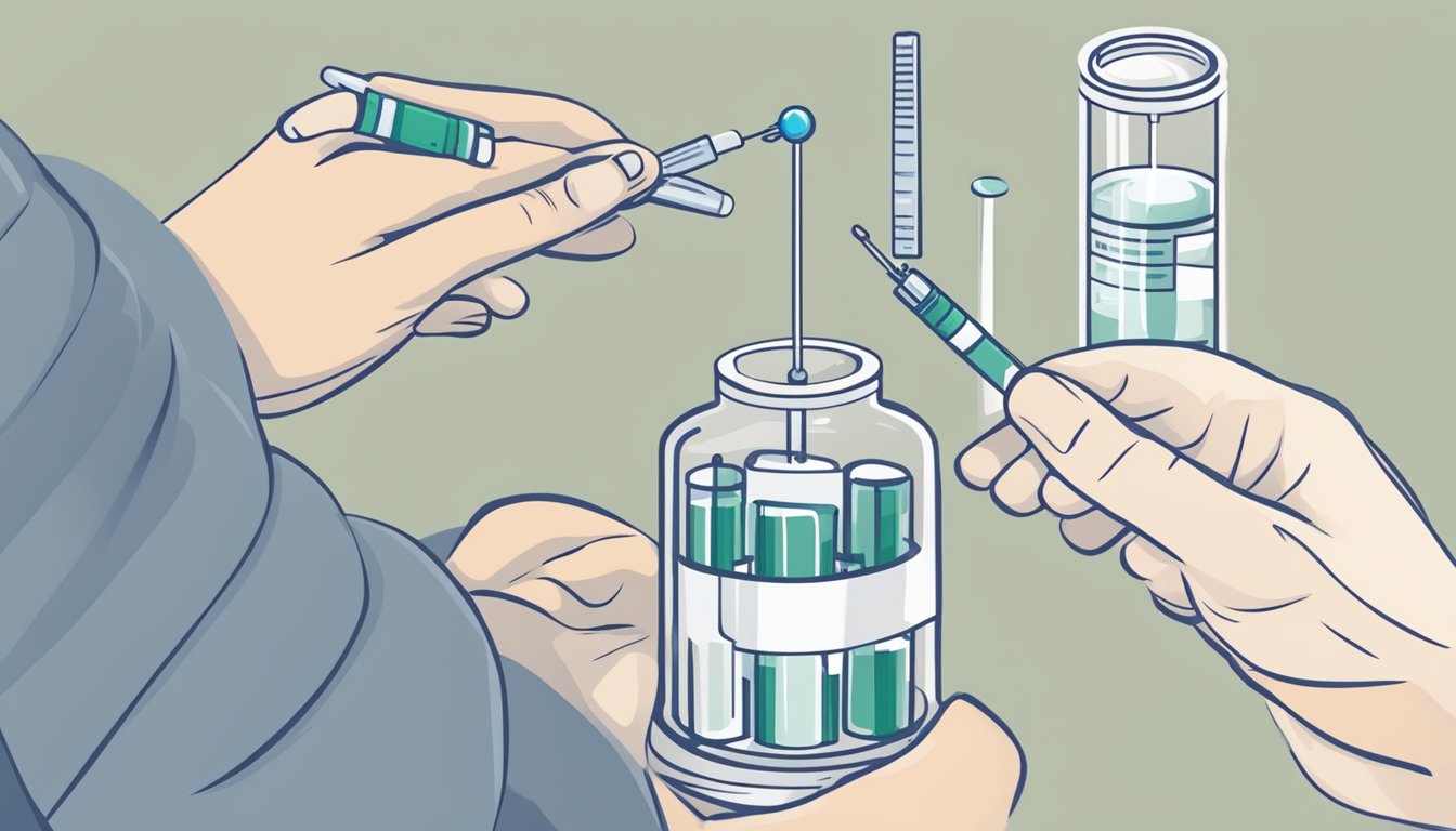 A hand holding a syringe, slowly pushing the plunger to administer a precise dose into a vial labeled "Target Dose." A chart displaying dosage levels sits nearby