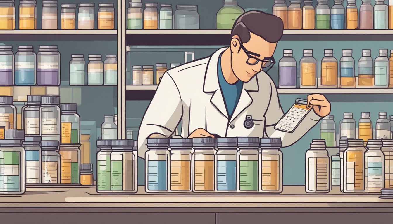 A pharmacist carefully measuring and pouring Qsymia dosages into labeled containers, with a detailed chart of starting to maintenance levels displayed nearby