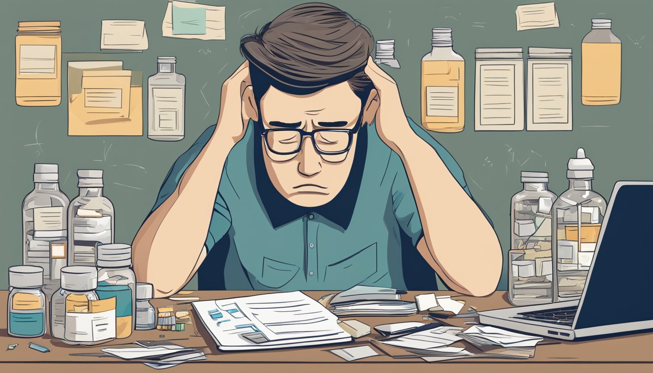 A person sitting at a cluttered desk, surrounded by prescription bottles, a notepad, and a laptop. They appear fatigued and frustrated, rubbing their temples