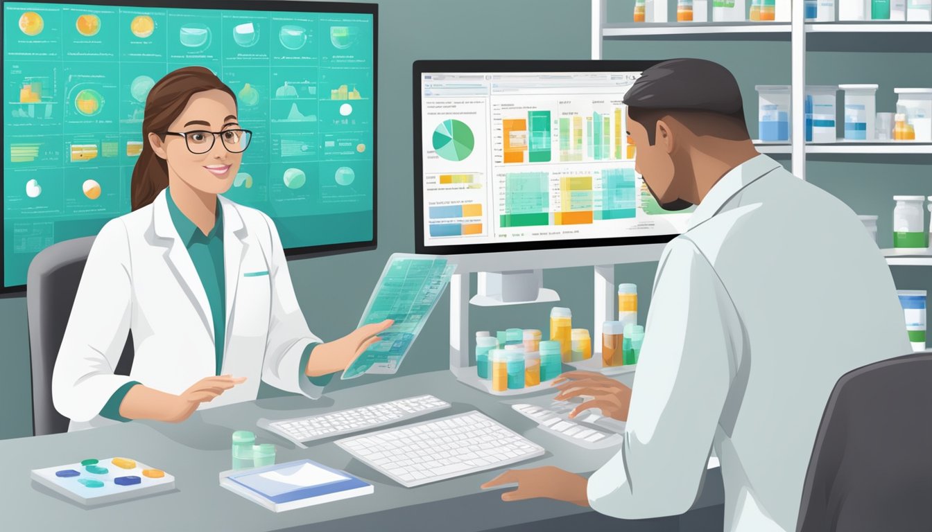 A pharmacist explaining Qsymia dosages to a patient, with visual aids and charts displayed on the computer screen