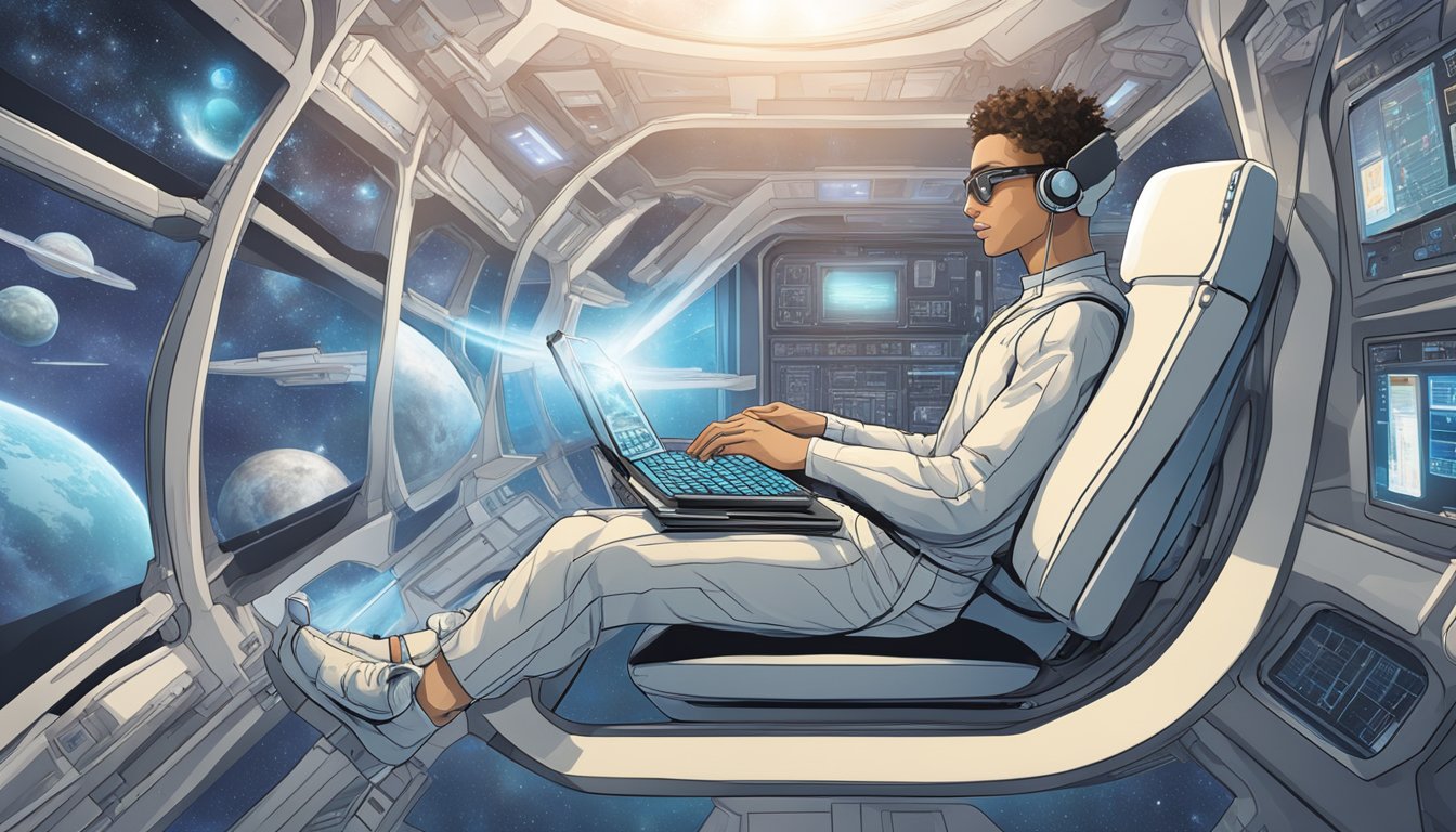 A person using a computer to access various health resources while floating in a futuristic, zero-gravity environment aboard a Zepbound support system