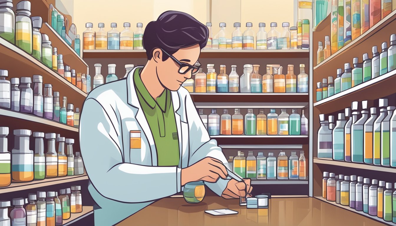 A pharmacist carefully measuring out Qsymia dosages from starting to maintenance levels, surrounded by bottles and pill dispensers