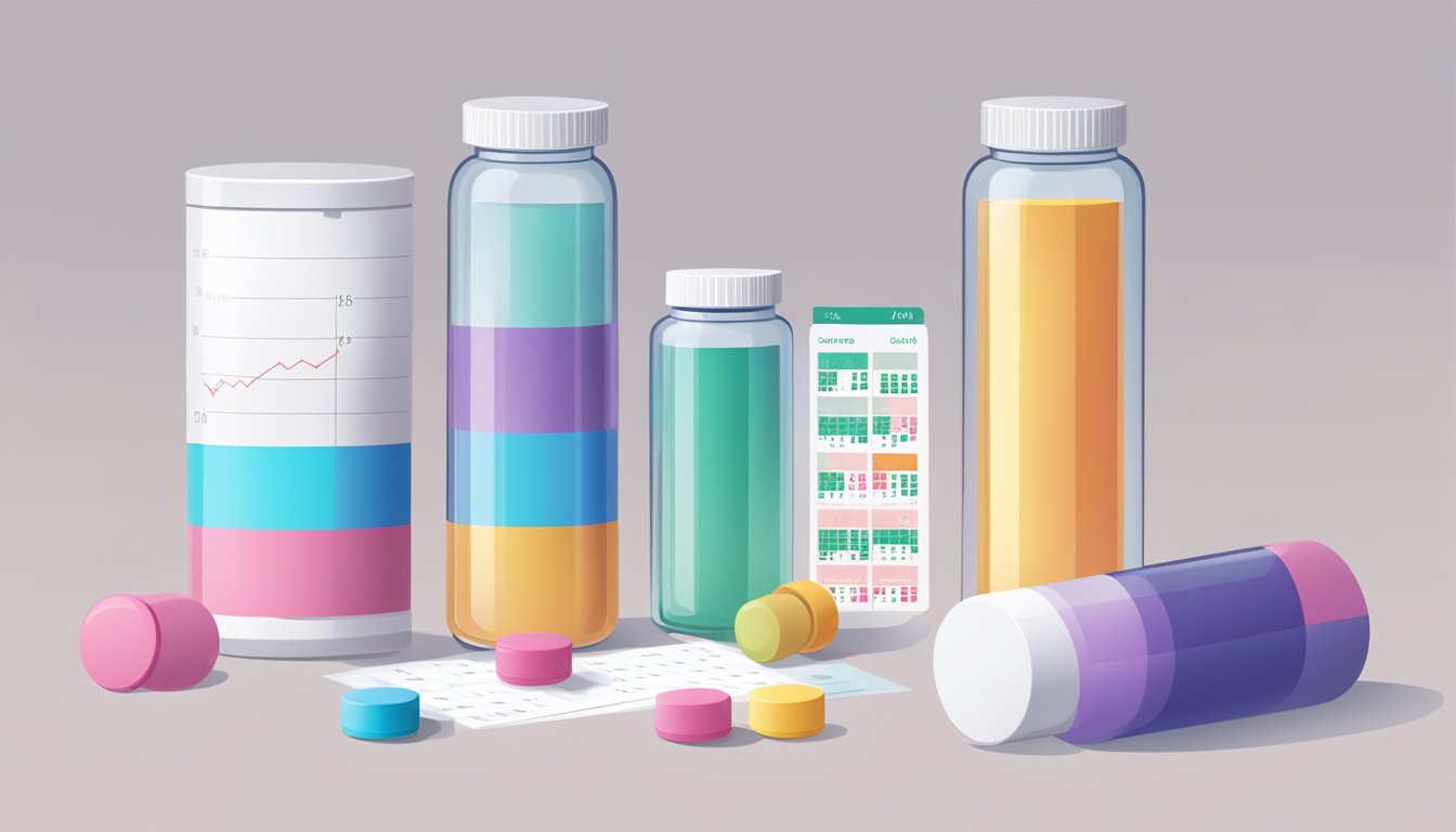 A pill bottle with Qsymia tablets next to a calendar showing different dosages and a graph displaying progress over time