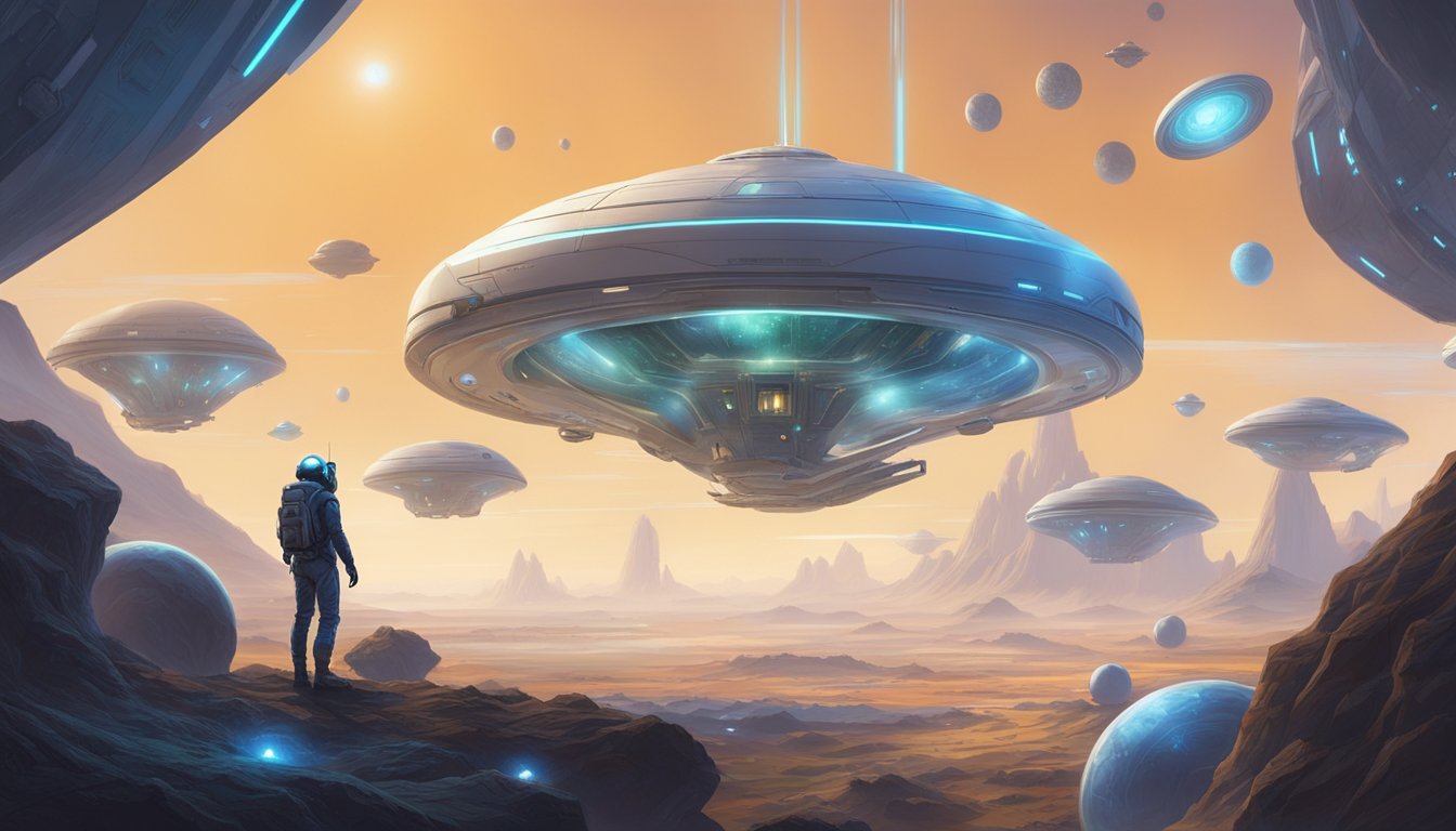 A space traveler surrounded by floating support pods while accessing various resources on a futuristic planet