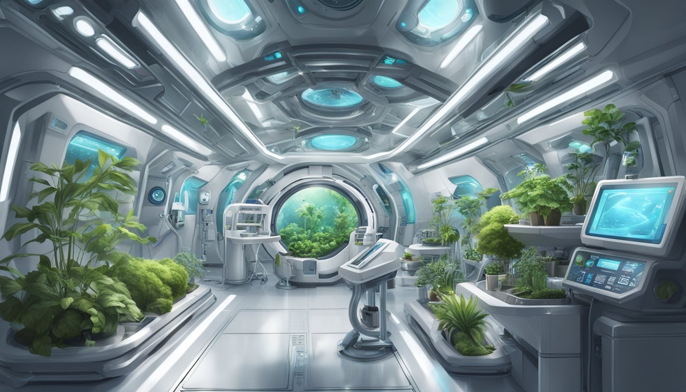 A futuristic space station with advanced medical equipment and plants growing hydroponically, providing medications and therapies for astronauts on Zepbound