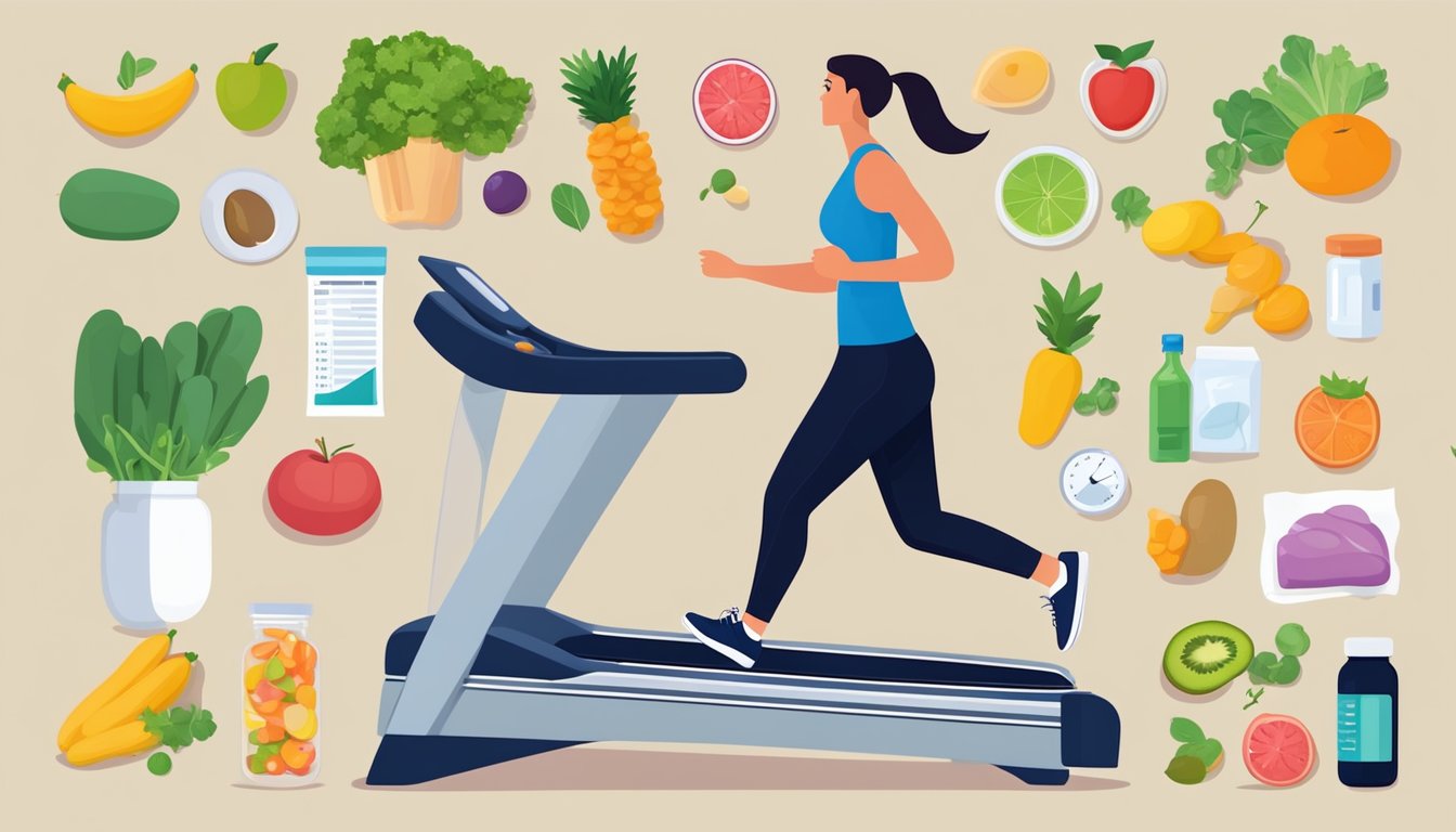 A person on a treadmill, surrounded by healthy food and a prescription bottle. The person is balancing exercise and medication for weight management