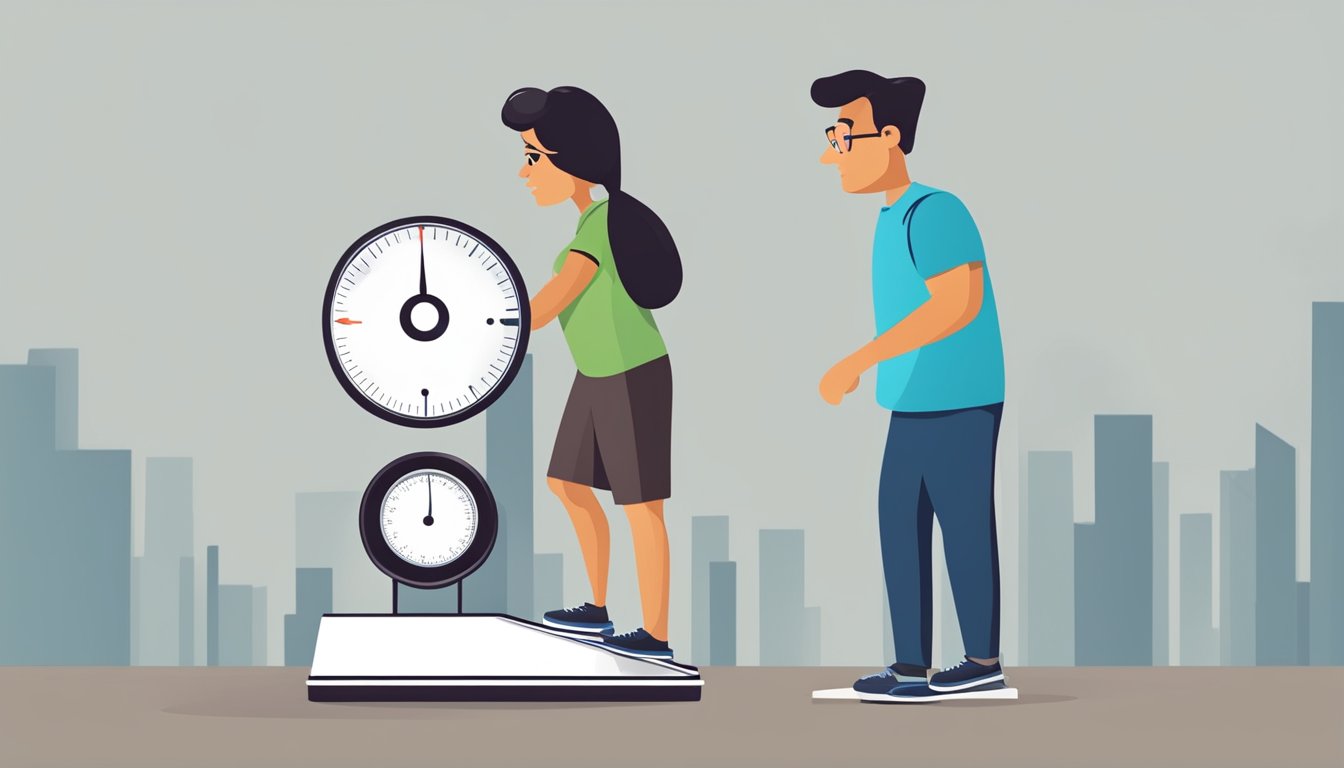 A person stepping on a scale, with a surprised or concerned expression on their face. The scale could be shown with a rapidly decreasing number