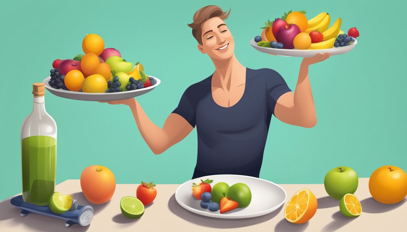 A person juggling fruits and dumbbells, with a bottle of Qsymia balancing on top of a healthy meal plate