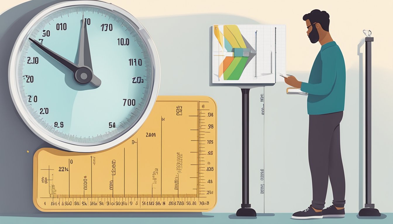 A person standing on a scale, watching the numbers rapidly decrease while taking Qsymia. The scale is surrounded by measuring tape, a mirror, and a journal