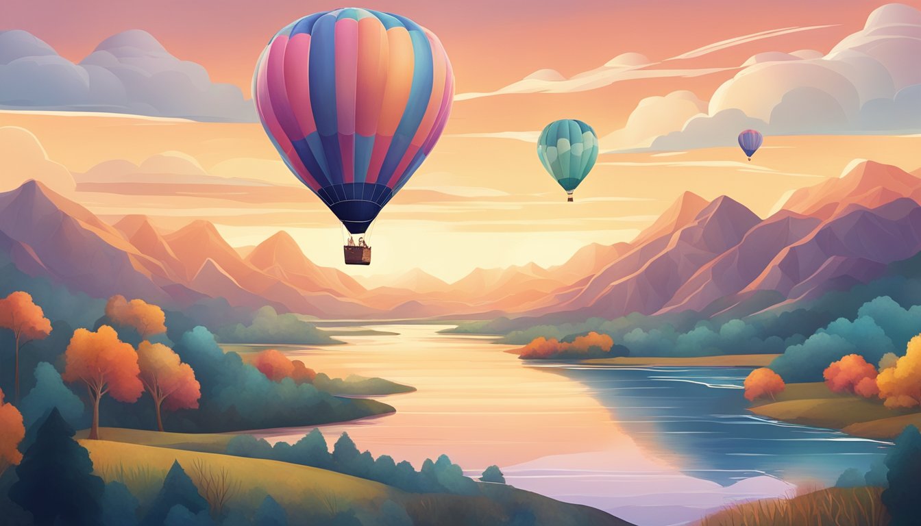 A colorful hot air balloon floating above a serene landscape with mountains and a winding river below. The sky is a mix of warm and cool tones, reflecting the journey's ups and downs