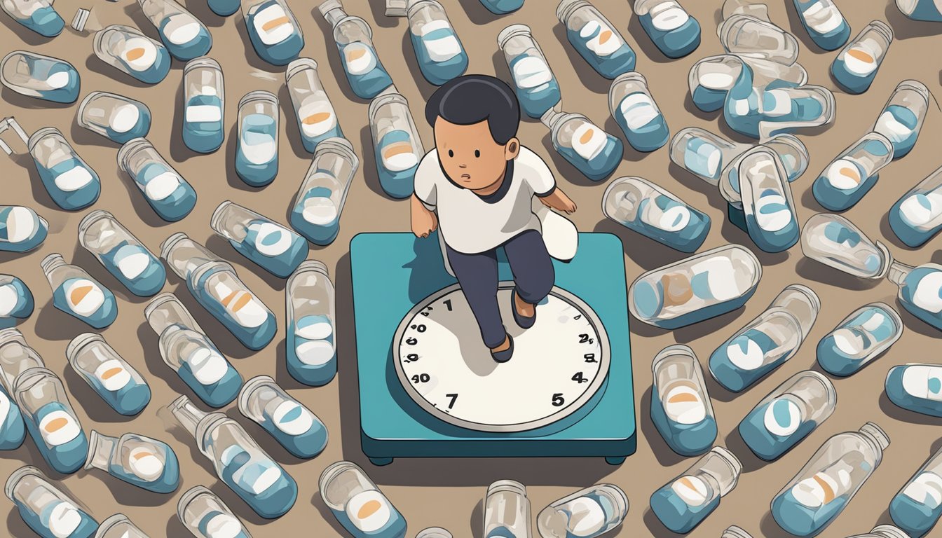 A person stepping on a scale, with a shocked expression as the numbers rapidly decrease, surrounded by empty pill bottles