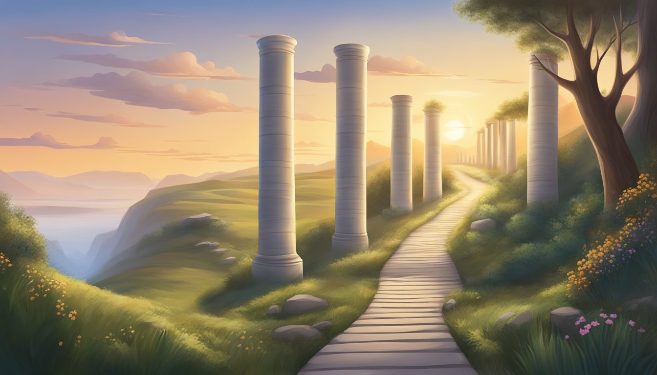 A winding path with key milestones marked by towering pillars, leading towards a bright horizon