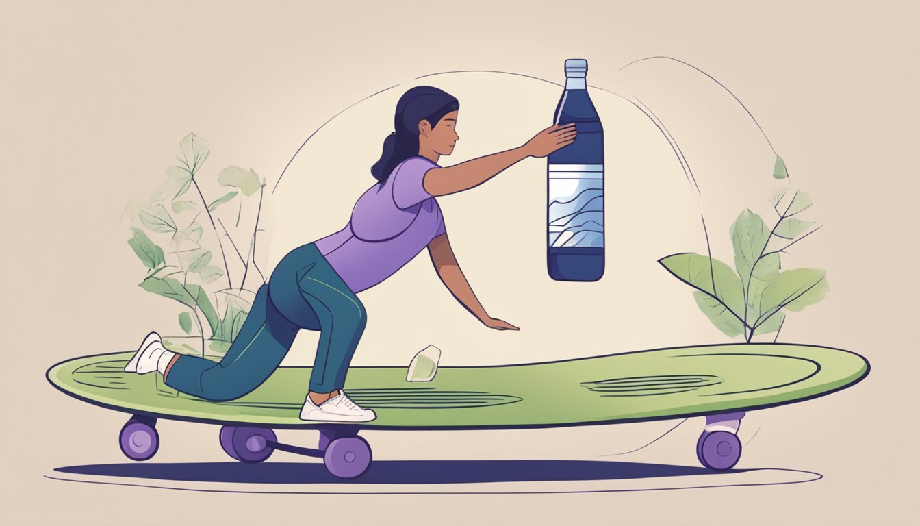 A person exercising on a balance board while holding a bottle of Qsymia, with a supportive figure nearby