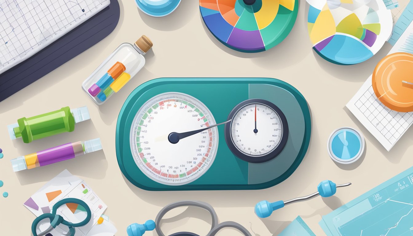 A scale with a pill bottle and exercise equipment, surrounded by charts and graphs