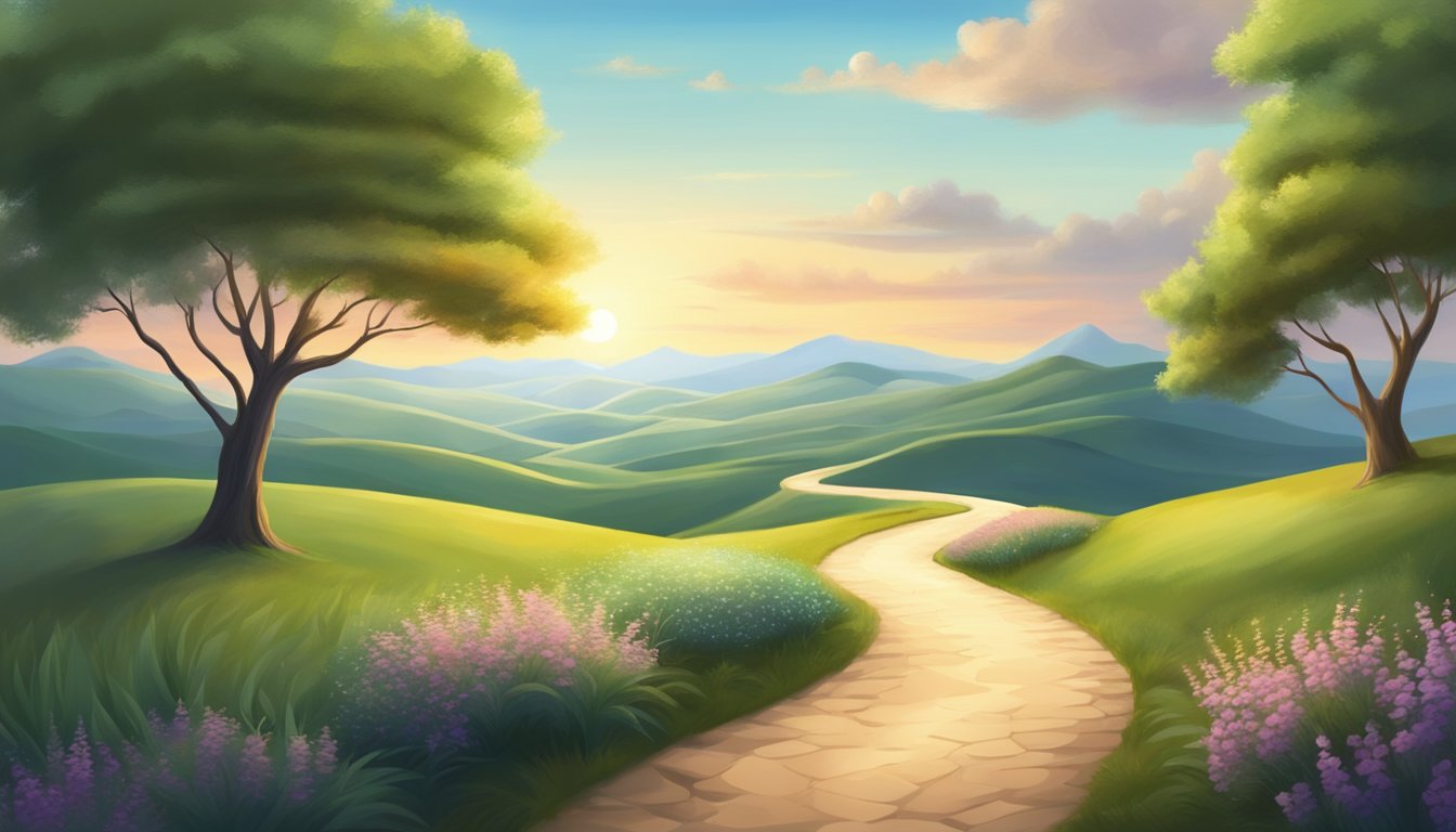 A serene landscape with a winding path leading towards a bright horizon, symbolizing the journey of personal growth and future aspirations