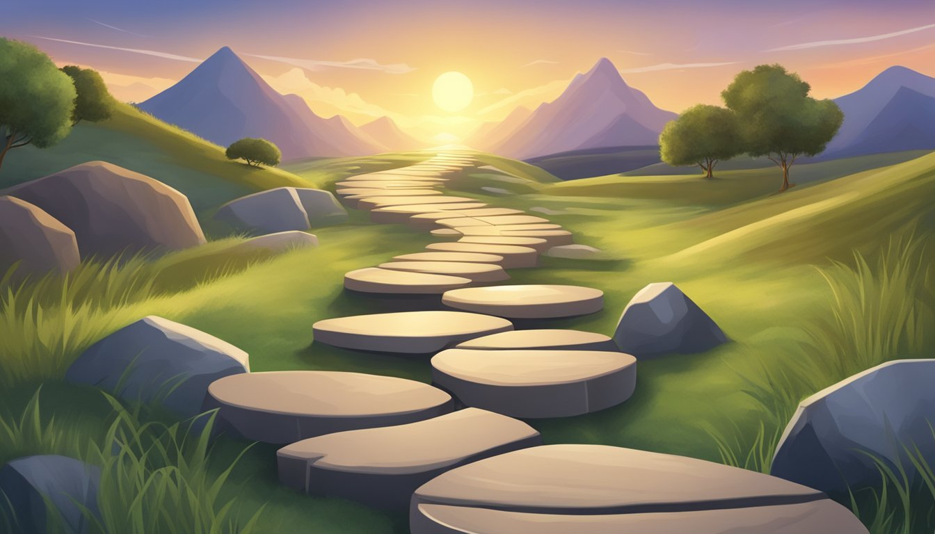 A winding path leading towards a glowing horizon, with a series of stepping stones symbolizing progress and growth