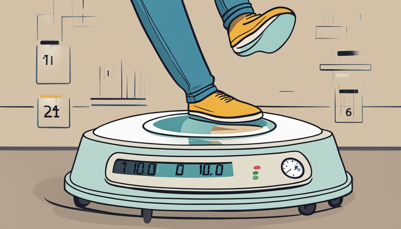 A person stepping on a scale, with a surprised expression on their face as the numbers rapidly decrease