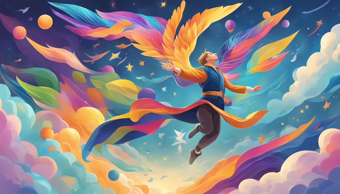 A figure soaring through the sky, surrounded by vibrant colors and symbols representing growth and achievement