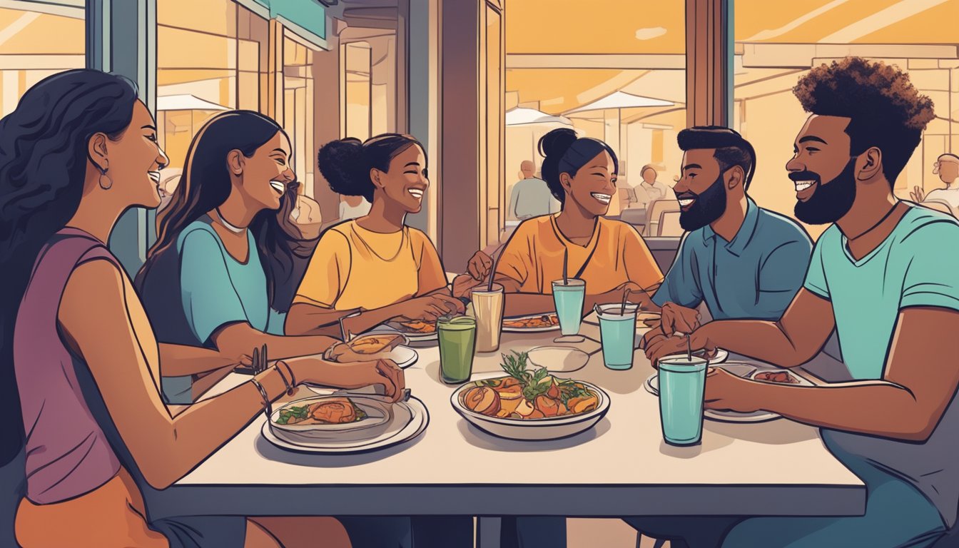 A group of people eating at a restaurant, engaging in conversation and laughter while navigating social dynamics and dining out while taking Qsymia