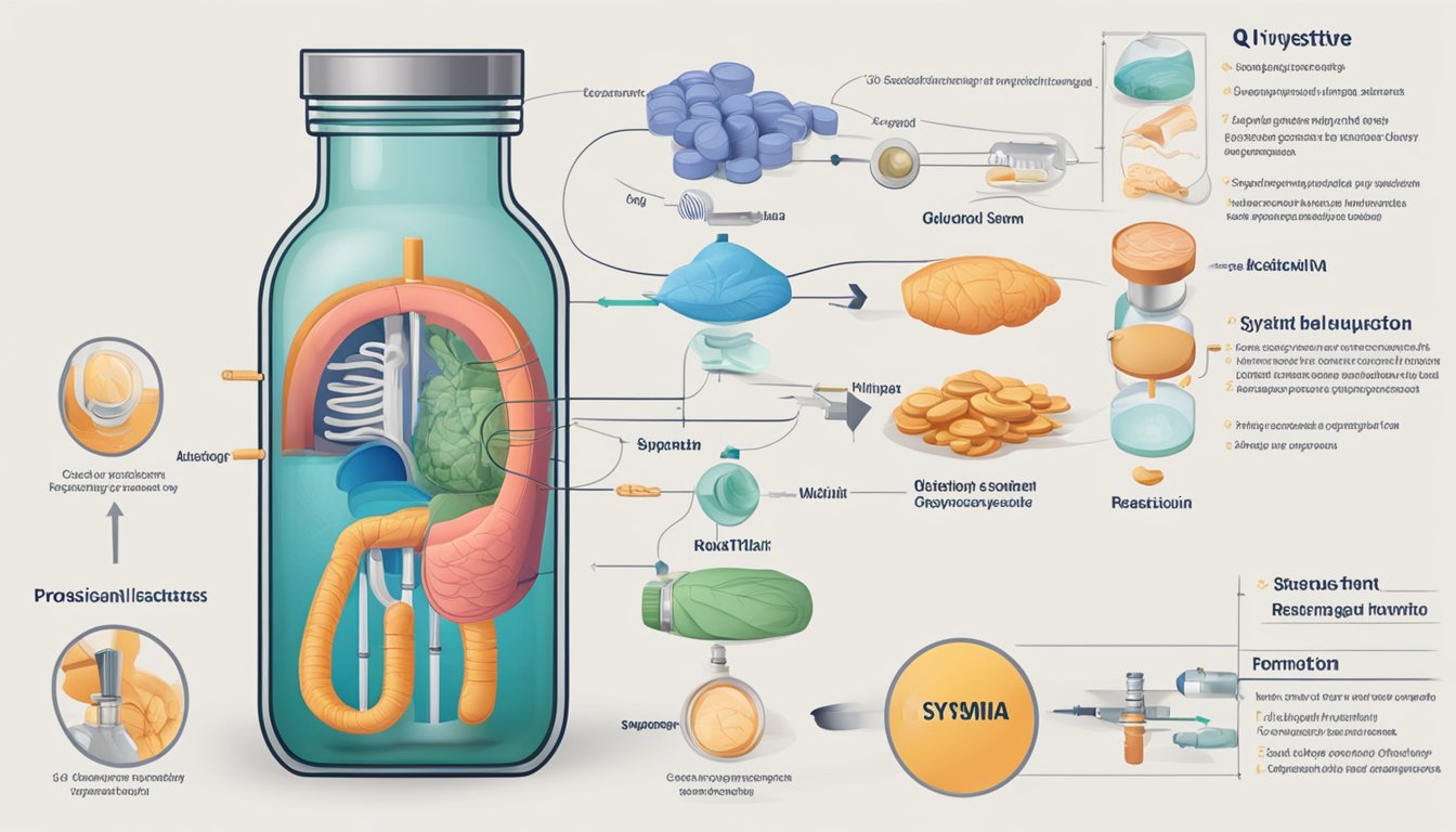 A pill bottle and a diagram of the digestive system, with arrows showing the pathway of Qsymia through the body