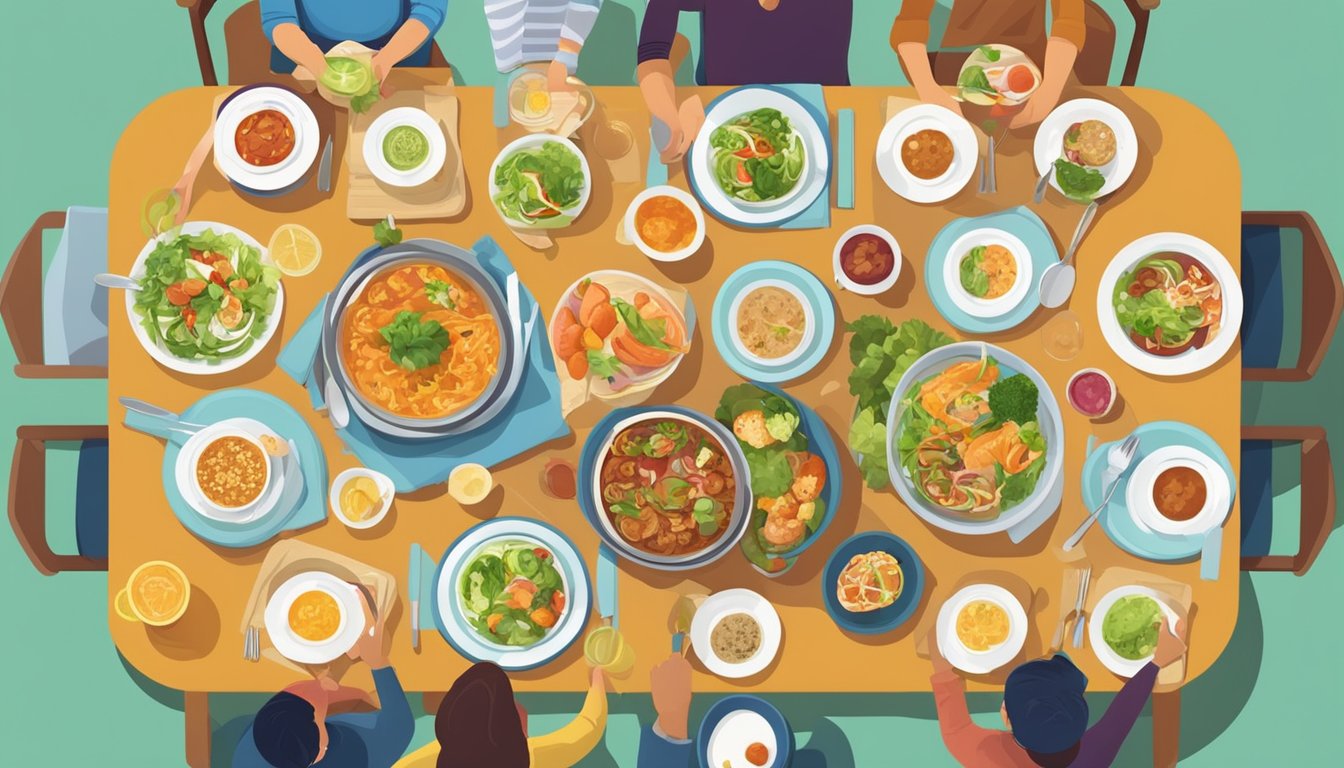 A restaurant table set with a variety of healthy, colorful dishes surrounded by friends engaged in conversation and enjoying a meal together