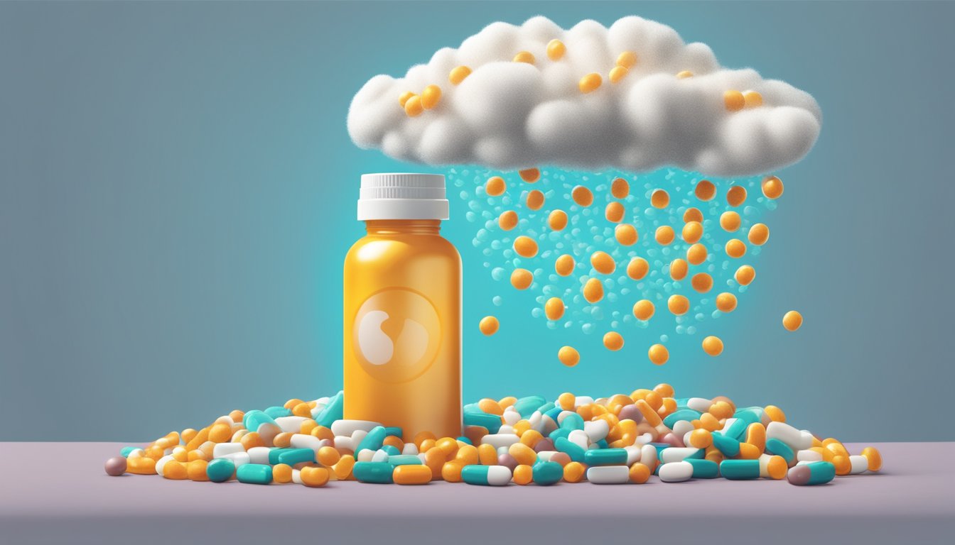 A pill bottle releasing a cloud of tiny capsules, swirling into the body and curbing hunger signals in the brain