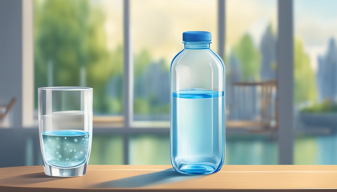 A clear glass of water sits next to a bottle of Qsymia on a table, emphasizing the importance of hydration while taking the medication