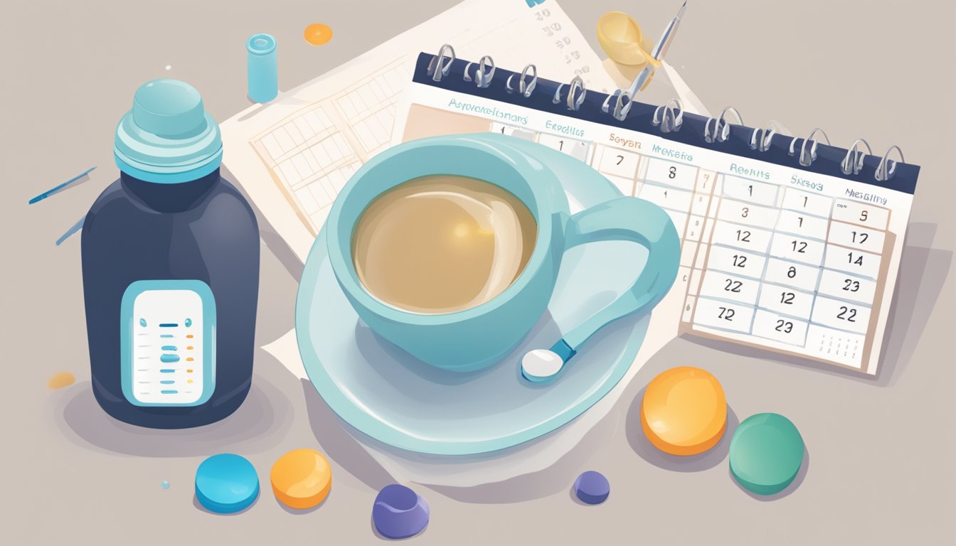 A person's daily routine with Qsymia: a morning cup of water, a pill bottle, and a calendar to track progress