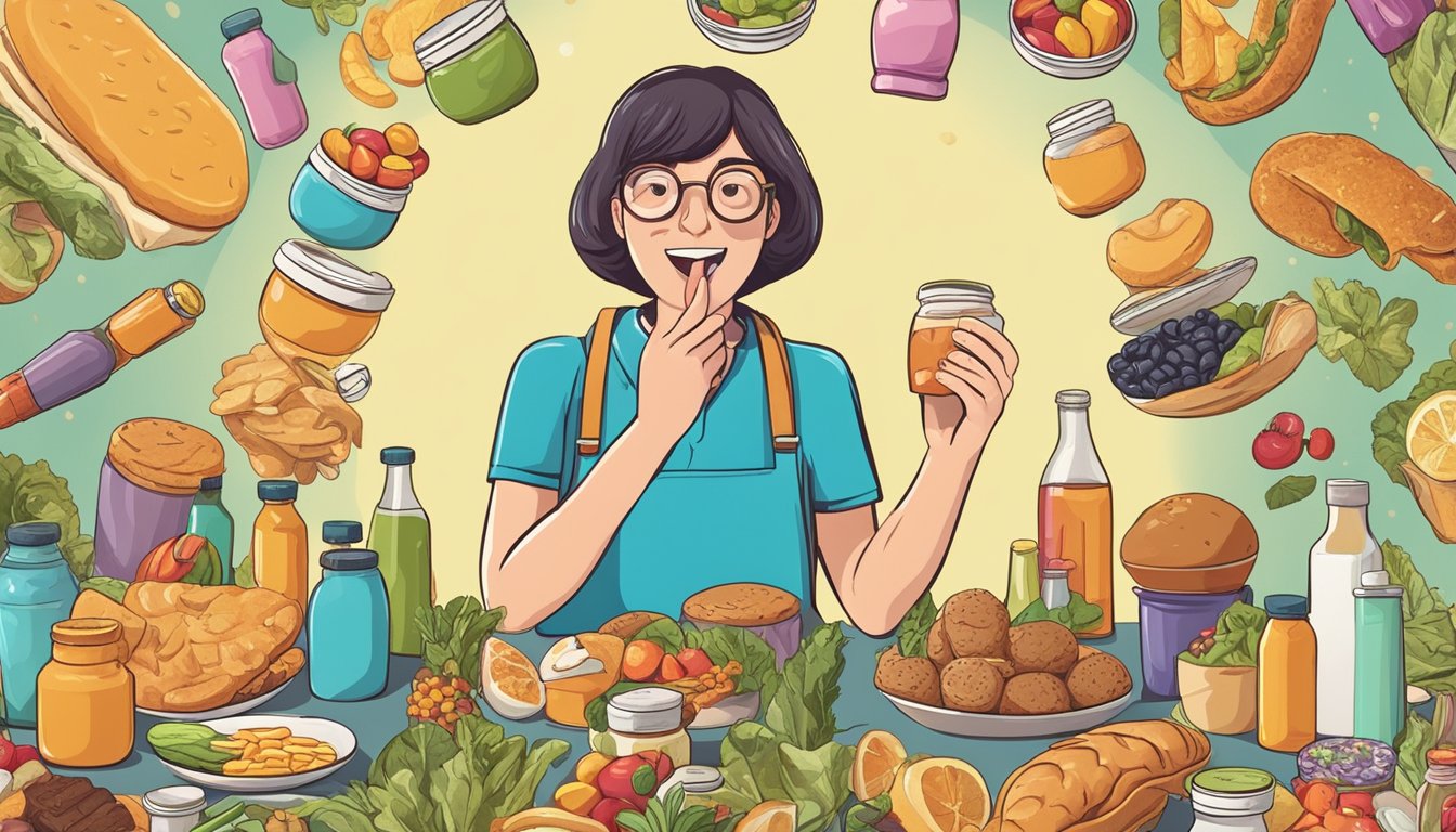 A person holding a pill bottle, surrounded by various types of food with exaggerated facial expressions of disgust and delight