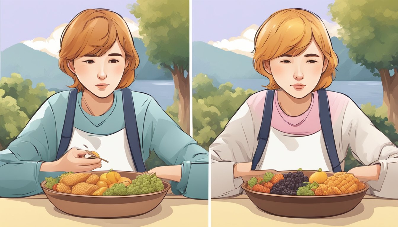 A person tasting two different foods, one before and one after taking Qsymia, with a thoughtful expression on their face