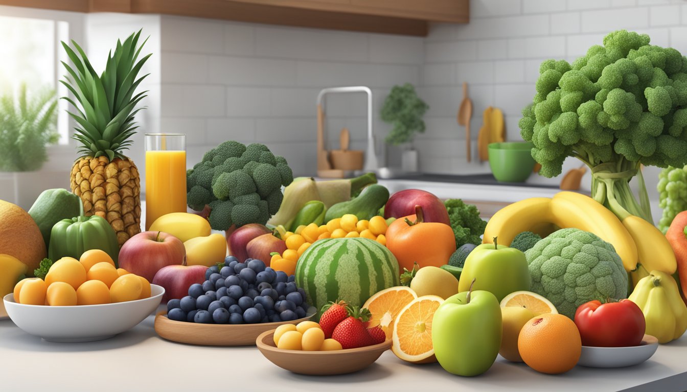 A colorful array of fresh fruits, vegetables, and lean proteins arranged on a clean, organized kitchen counter