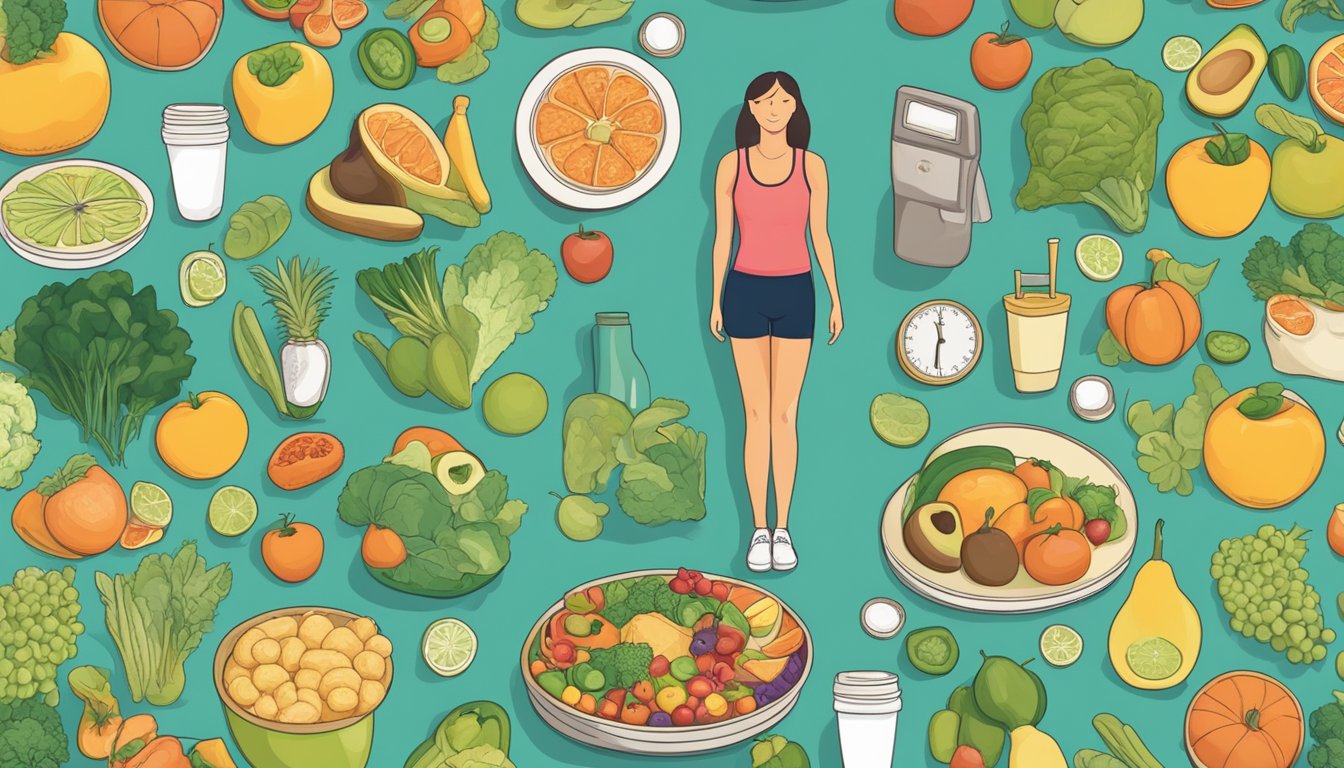 A woman standing on a scale, surrounded by healthy food, exercise equipment, and a supportive community