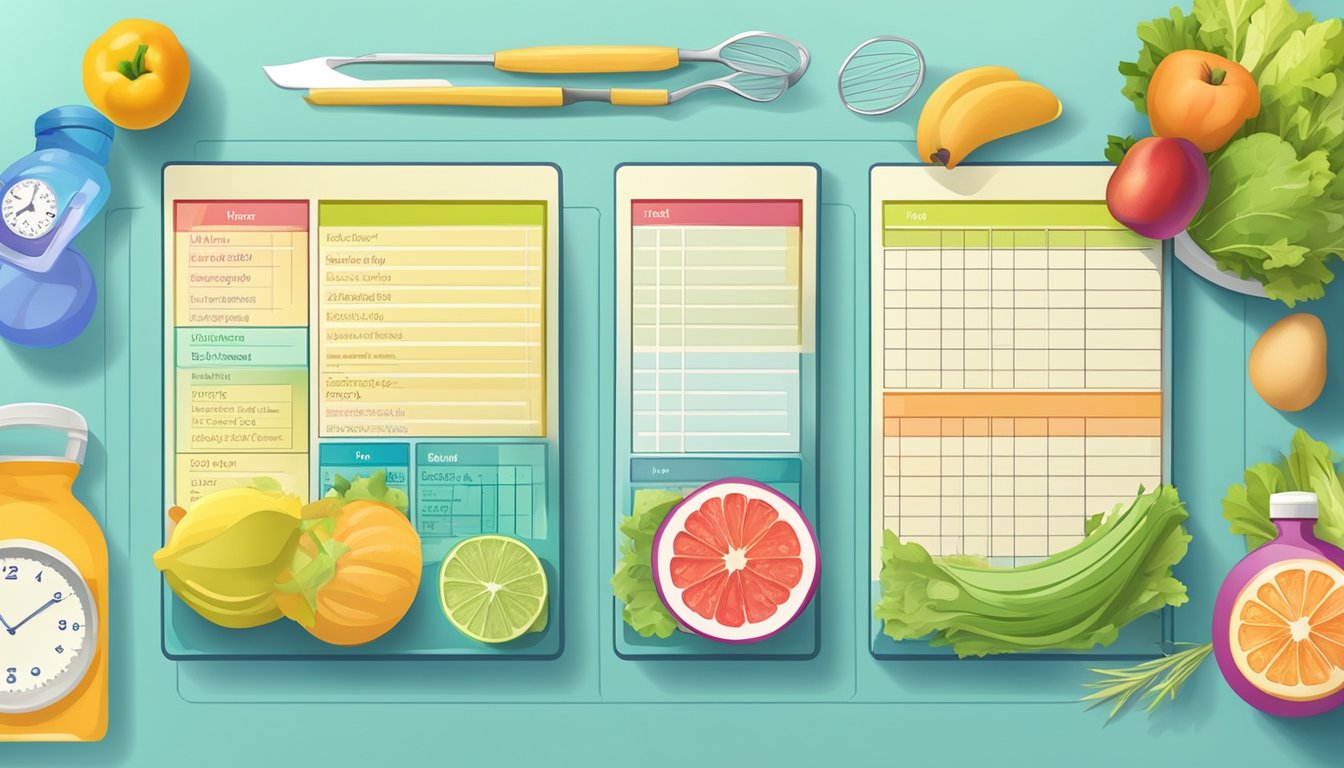 A colorful meal planning chart with healthy food options and a fitness schedule, surrounded by a bottle of Qsymia and exercise equipment