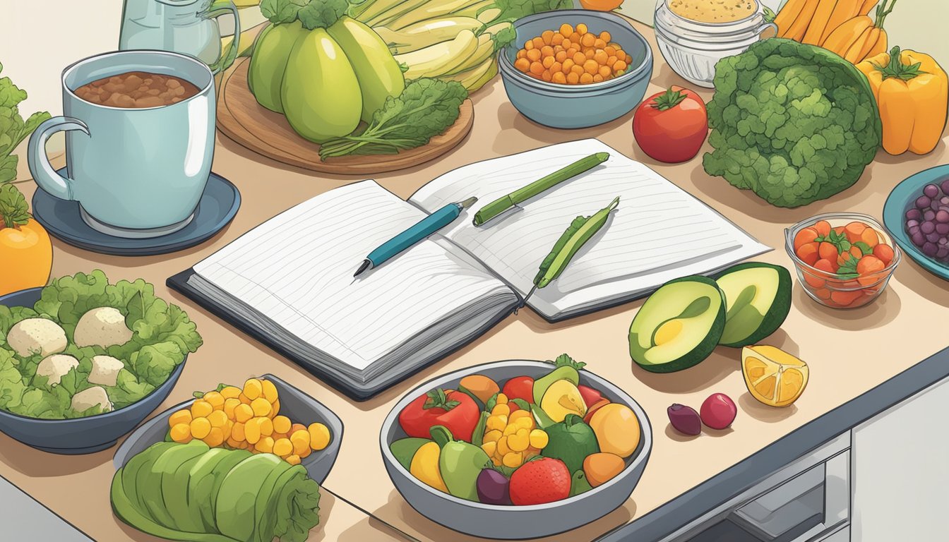 A colorful array of healthy foods arranged on a kitchen counter, with a notebook and pen nearby for meal planning